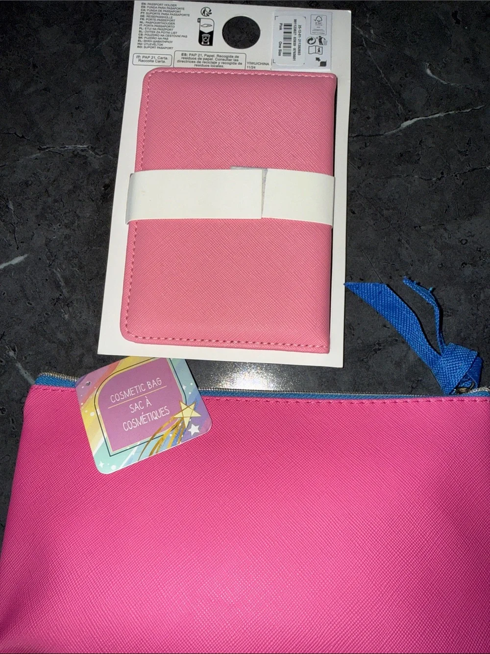 Primark Pink Passport Holder & Pink Pouch with Blue 'things' Print